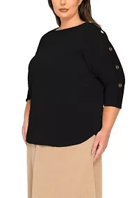 Textured Rib Button Shoulder 3Q Sleeve