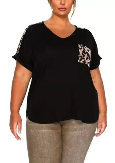 Leopard Print Mesh Pocket & Shoulder Rolled Slv