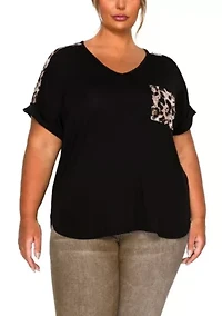 Leopard Print Mesh Pocket & Shoulder Rolled Slv