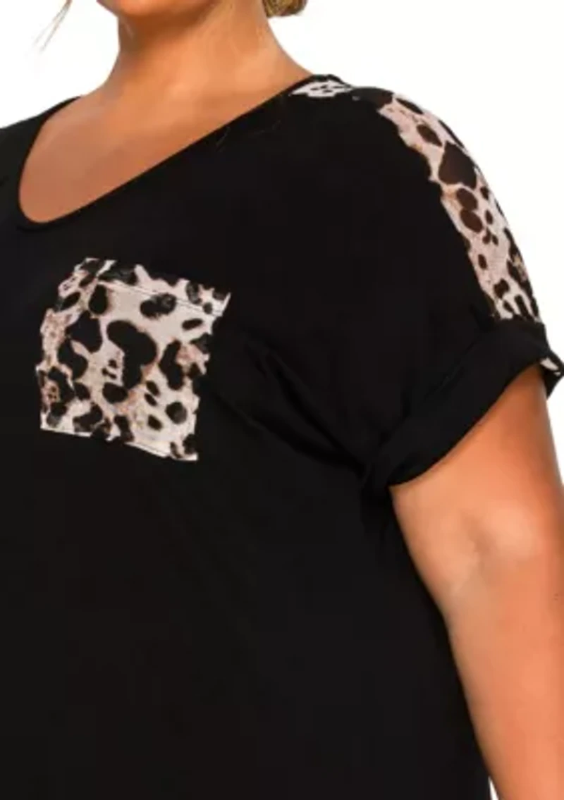 Leopard Print Mesh Pocket & Shoulder Rolled Slv