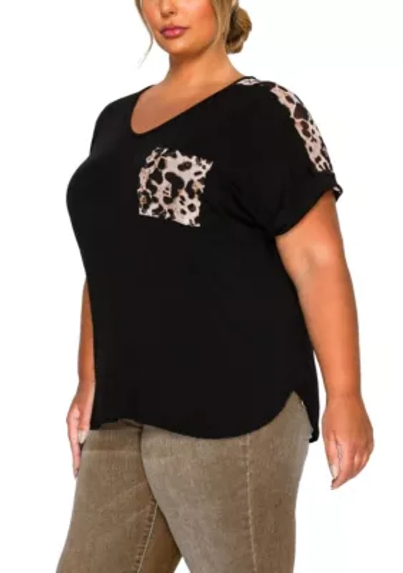 Leopard Print Mesh Pocket & Shoulder Rolled Slv