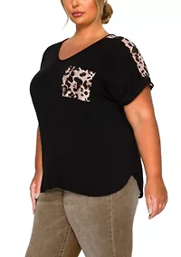 Leopard Print Mesh Pocket & Shoulder Rolled Slv
