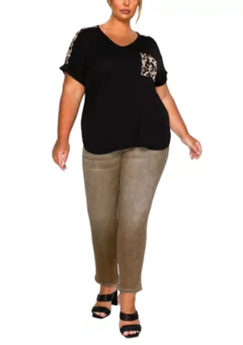 Leopard Print Mesh Pocket & Shoulder Rolled Slv