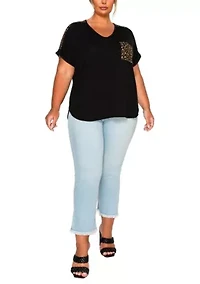 Pebble Print Mesh Pocket & Shoulder Rolled Slv