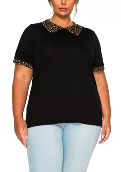 Pebble Print Mesh Collar Keyhole Back S/Slv