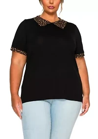 Pebble Print Mesh Collar Keyhole Back S/Slv