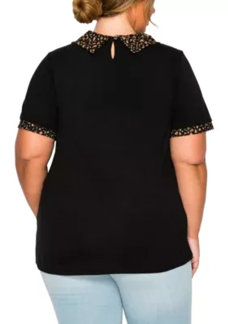 Pebble Print Mesh Collar Keyhole Back S/Slv