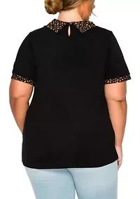 Pebble Print Mesh Collar Keyhole Back S/Slv