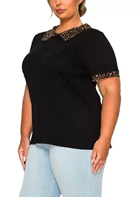 Pebble Print Mesh Collar Keyhole Back S/Slv