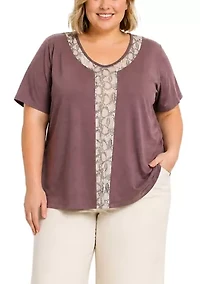Python Mesh Inset V Neck Short Sleeve