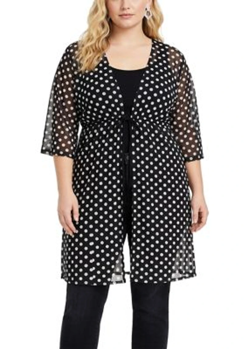 Polka Dot Mesh Tie Front Coverup 3Q Sleeve