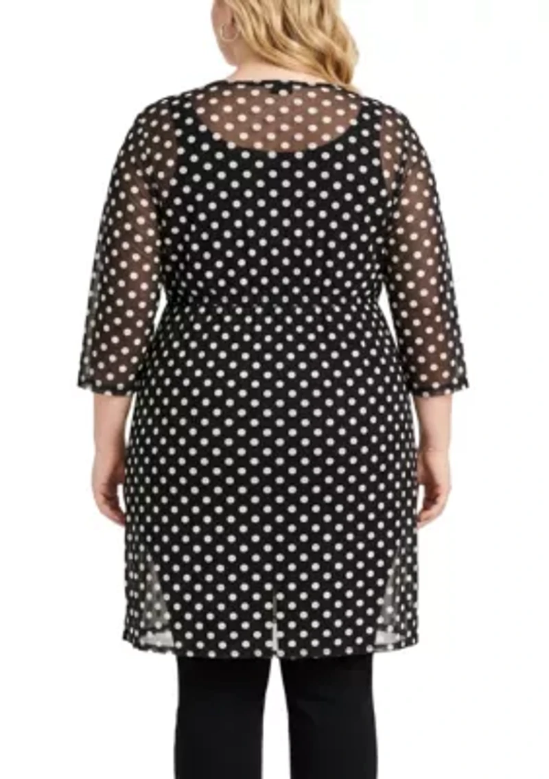 Polka Dot Mesh Tie Front Coverup 3Q Sleeve
