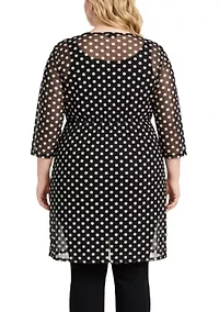 Polka Dot Mesh Tie Front Coverup 3Q Sleeve