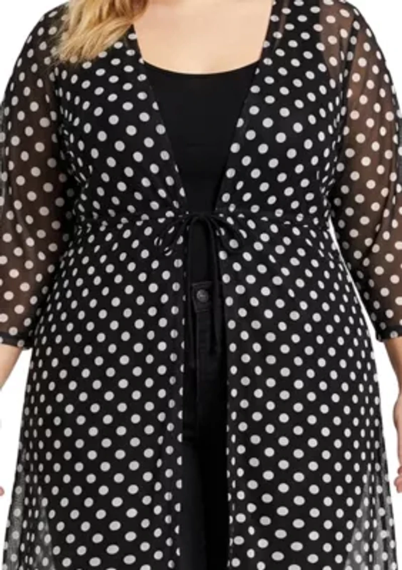 Polka Dot Mesh Tie Front Coverup 3Q Sleeve