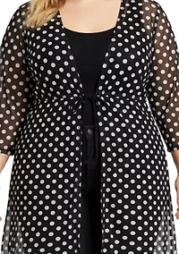 Polka Dot Mesh Tie Front Coverup 3Q Sleeve