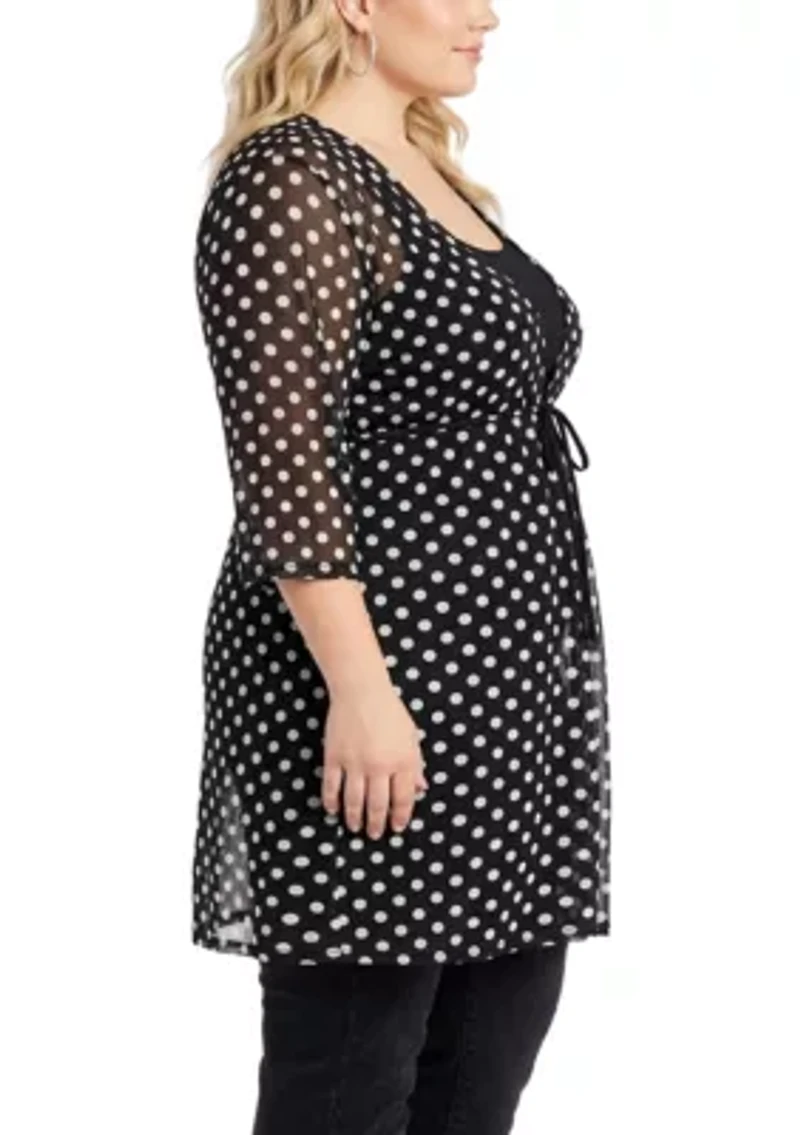 Polka Dot Mesh Tie Front Coverup 3Q Sleeve