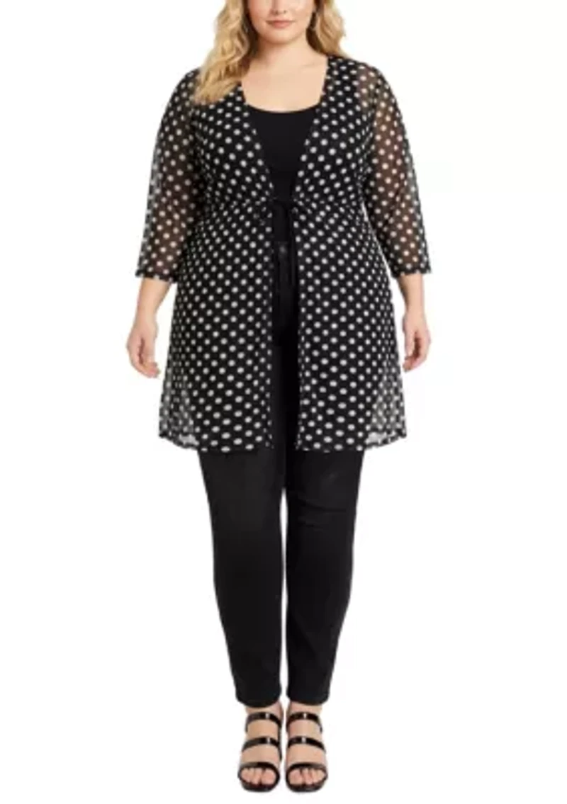 Polka Dot Mesh Tie Front Coverup 3Q Sleeve