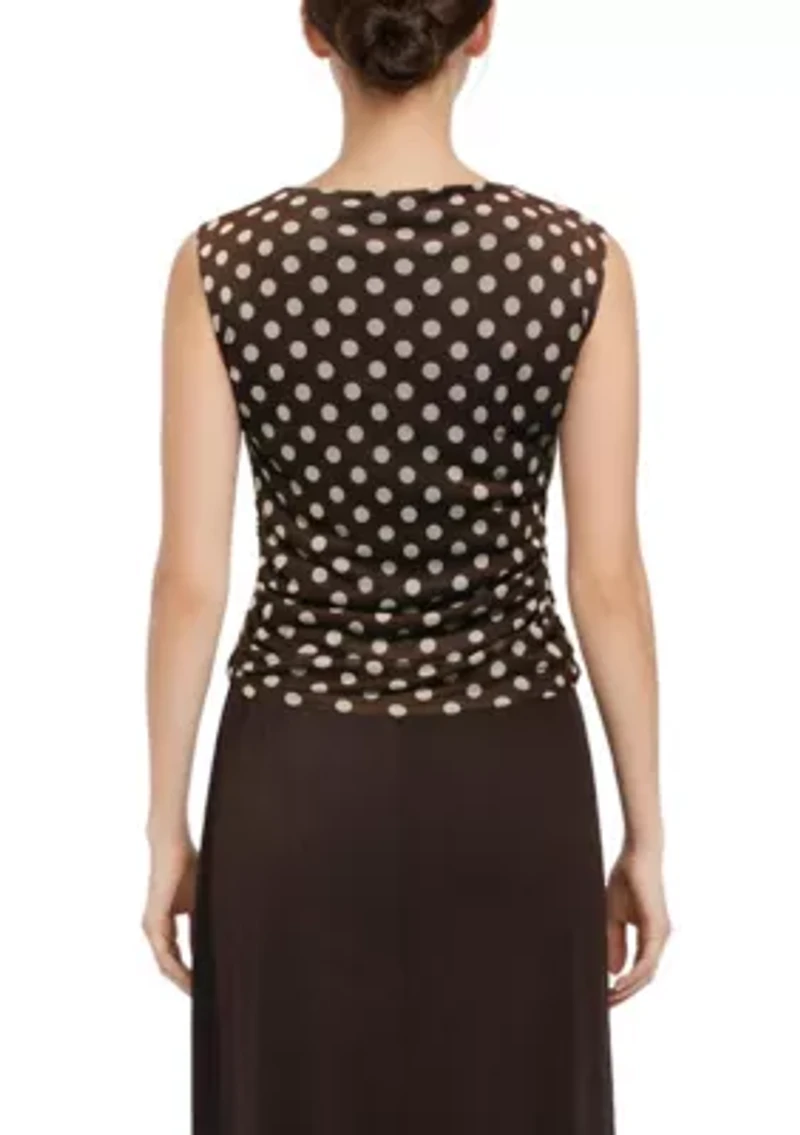 Polka Dot Mesh Sleeveless Side Ruched
