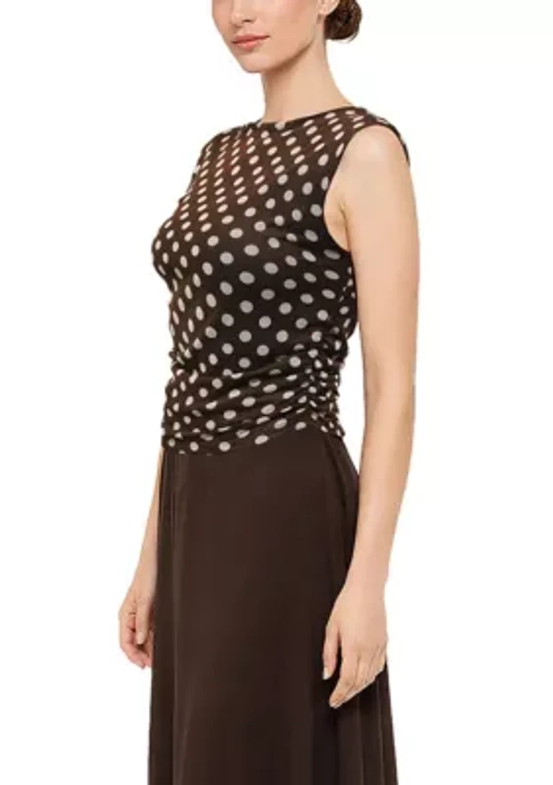Polka Dot Mesh Sleeveless Side Ruched