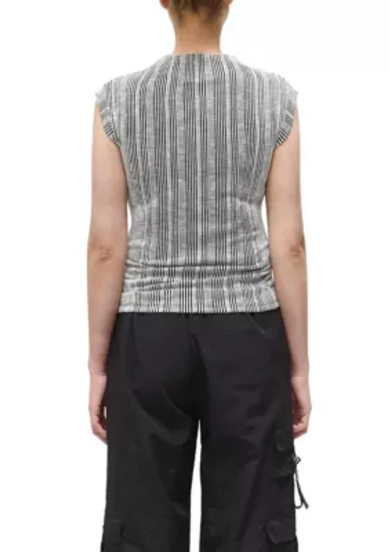 Variegated Textured Stripe Sleeveless Mock Neck
