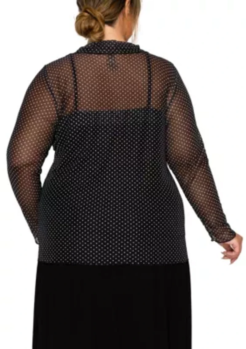 Dot Mesh Button Front Long Sleeve Shirt