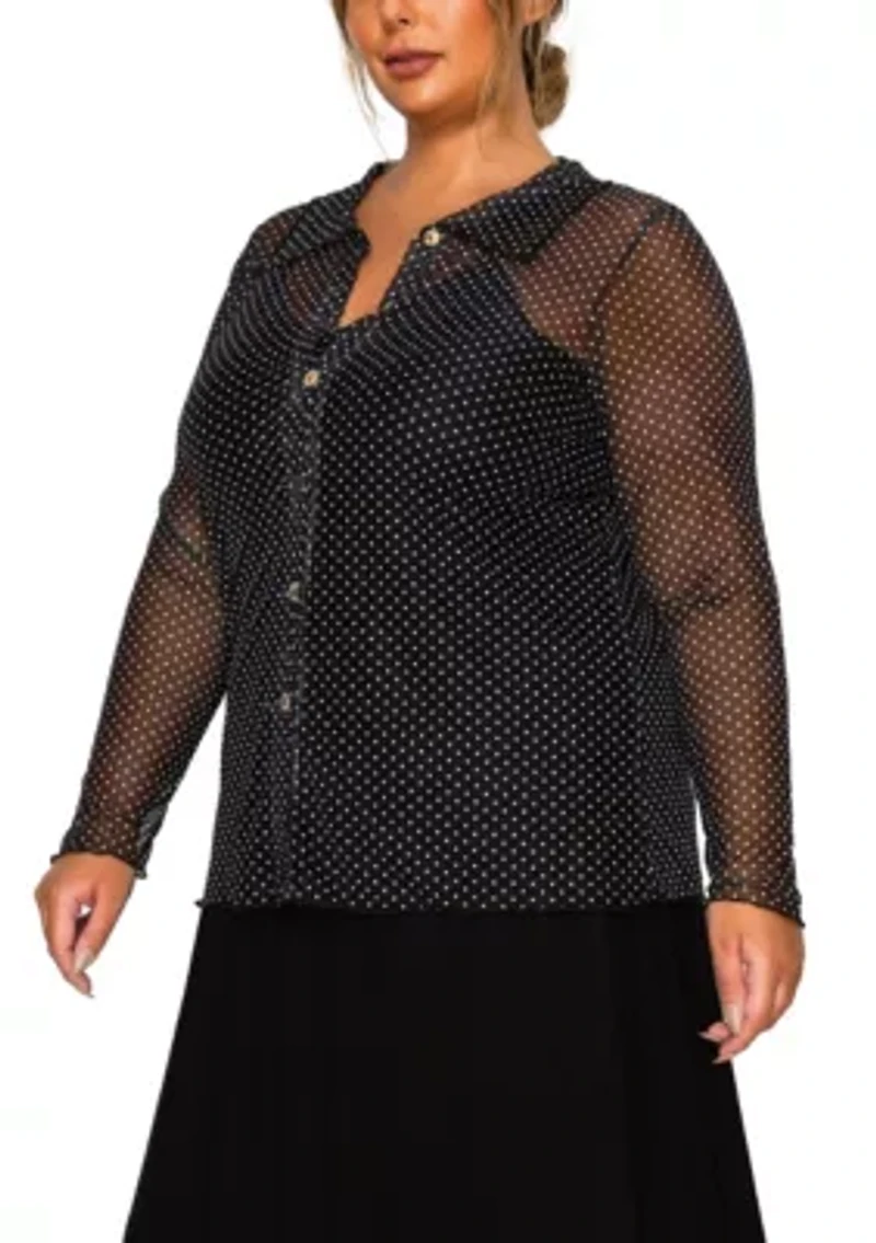 Dot Mesh Button Front Long Sleeve Shirt