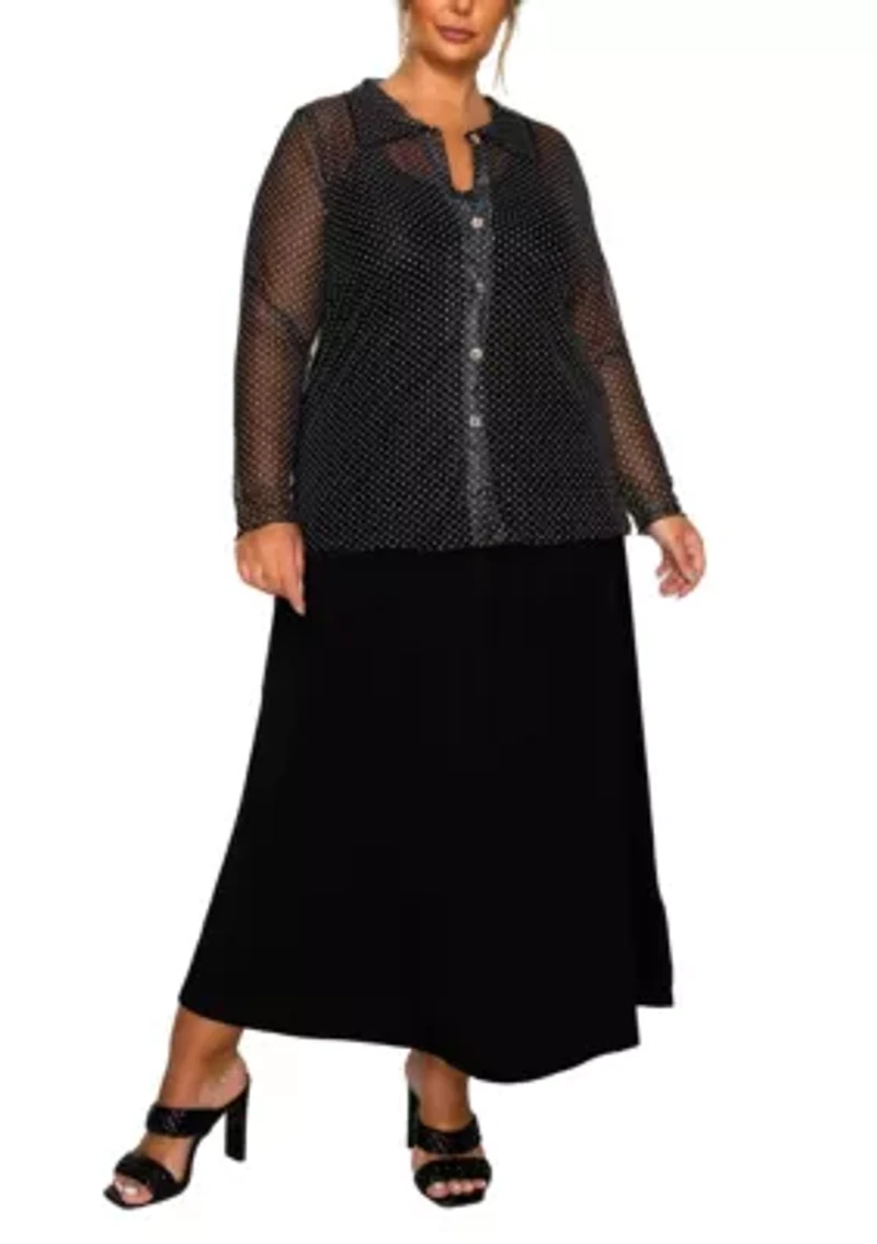 Dot Mesh Button Front Long Sleeve Shirt