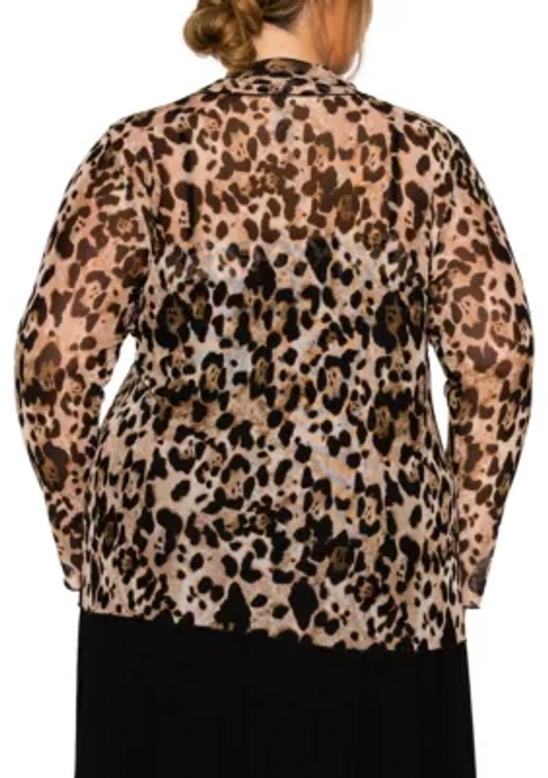 Leopard Mesh Button Front Long Sleeve Shirt
