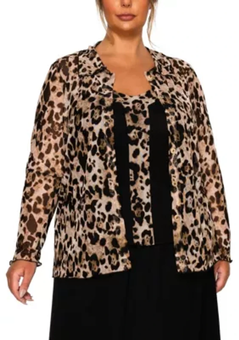 Leopard Mesh Button Front Long Sleeve Shirt