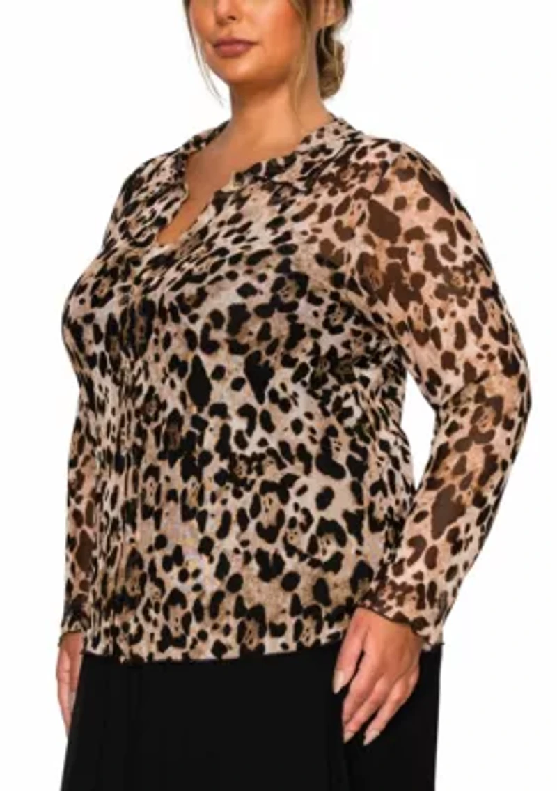 Leopard Mesh Button Front Long Sleeve Shirt