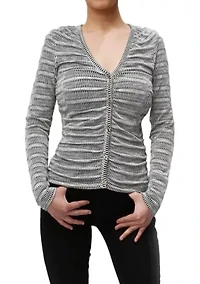 Textured Jacquard Stripe Long Sleeve Ruched Front Button Cardi