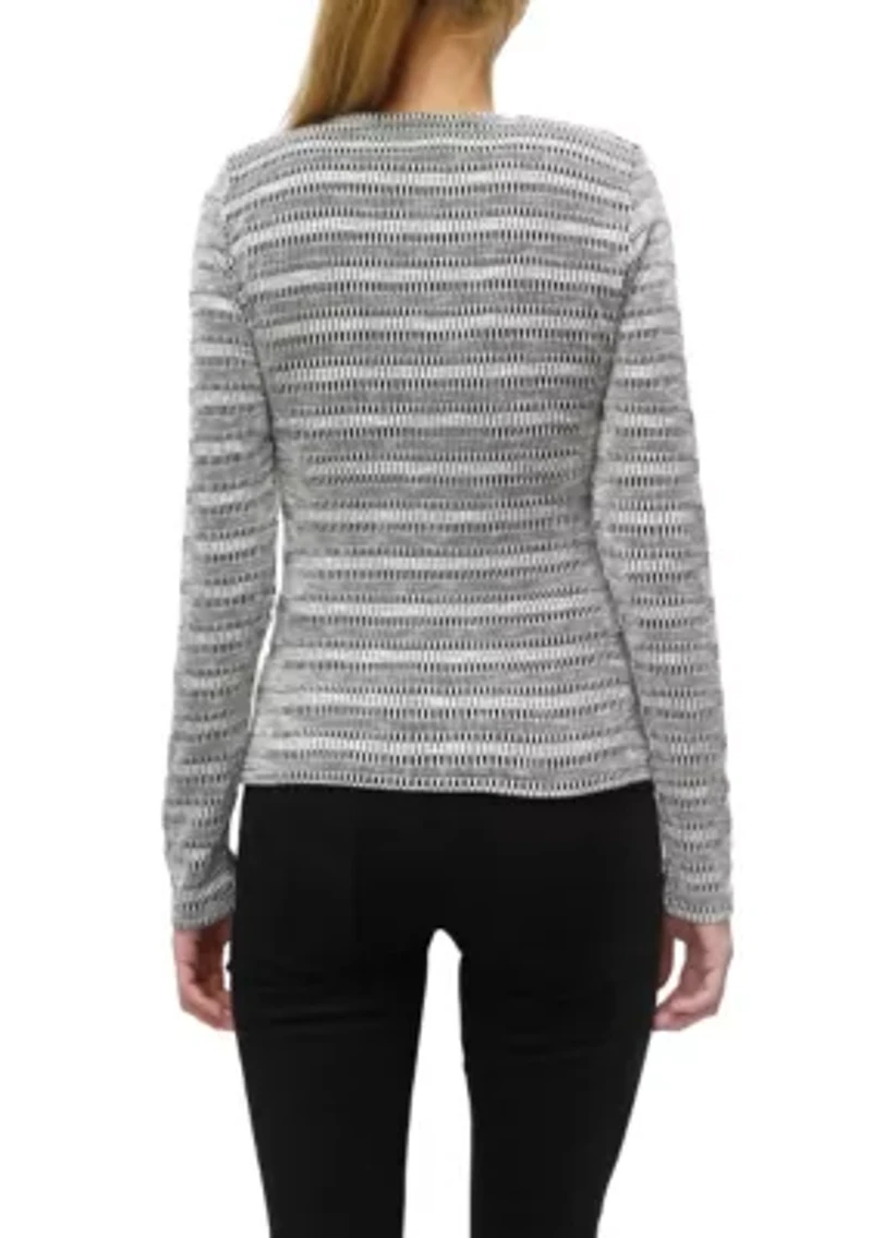 Textured Jacquard Stripe Long Sleeve Ruched Front Button Cardi