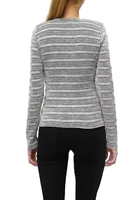 Textured Jacquard Stripe Long Sleeve Ruched Front Button Cardi