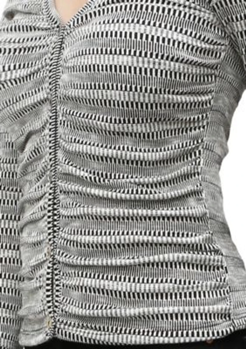 Textured Jacquard Stripe Long Sleeve Ruched Front Button Cardi
