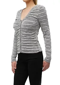 Textured Jacquard Stripe Long Sleeve Ruched Front Button Cardi