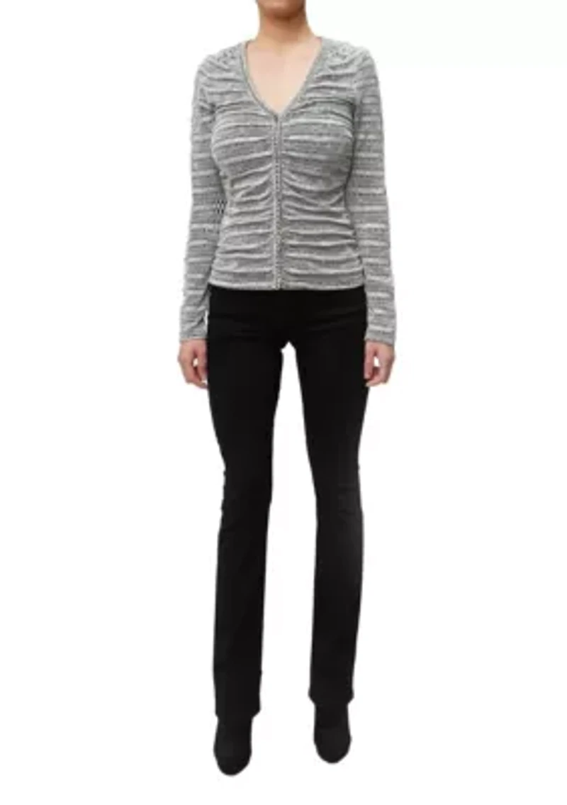Textured Jacquard Stripe Long Sleeve Ruched Front Button Cardi