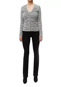 Textured Jacquard Stripe Long Sleeve Ruched Front Button Cardi