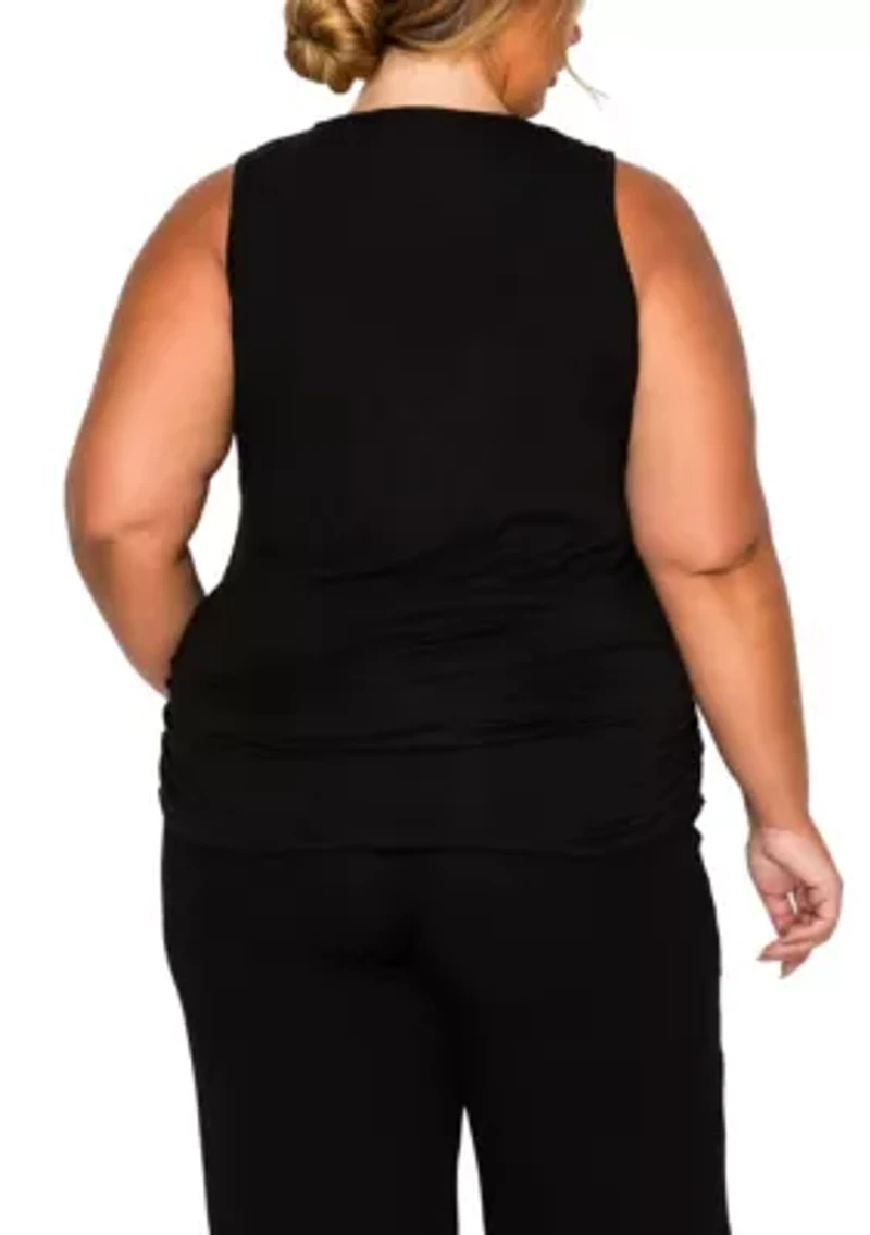 Leopard Print Mesh Yoke Inset Side Ruched Tank