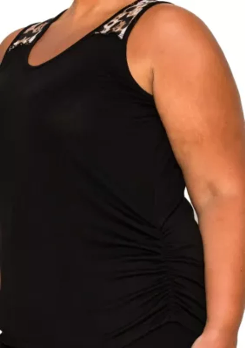 Leopard Print Mesh Yoke Inset Side Ruched Tank