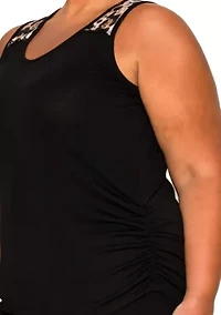 Leopard Print Mesh Yoke Inset Side Ruched Tank