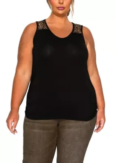 Pebble Print Mesh Yoke Inset Side Ruched Tank