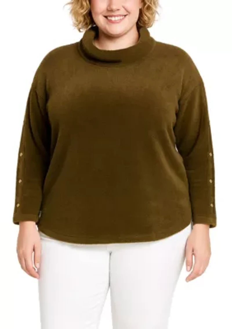 Feather Cozy Rib Cowl Neck Gold Button Sleeve