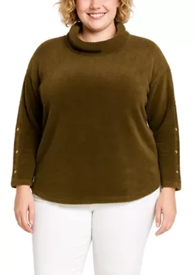 Feather Cozy Rib Cowl Neck Gold Button Sleeve