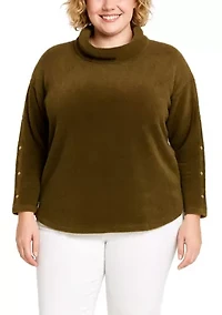 Feather Cozy Rib Cowl Neck Gold Button Sleeve