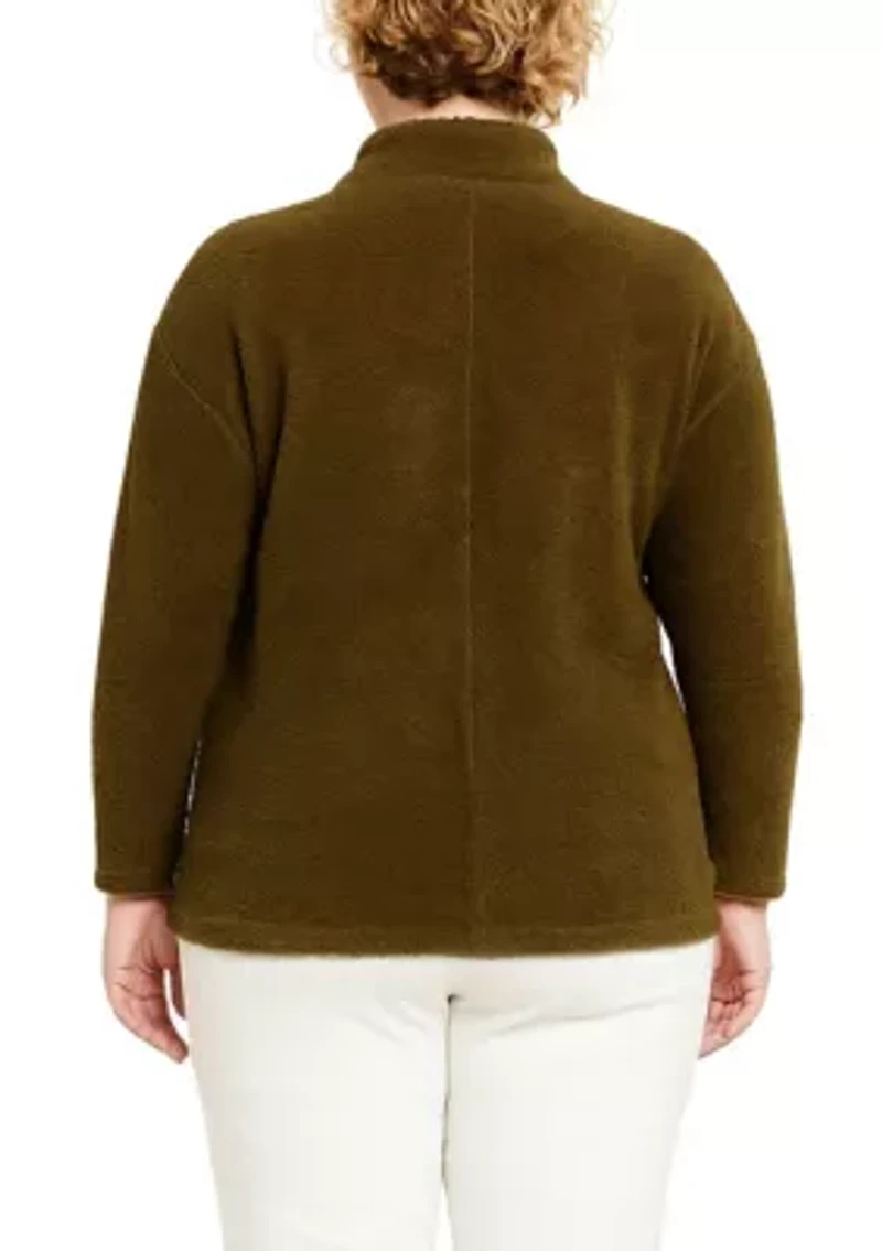 Feather Cozy Rib Cowl Neck Gold Button Sleeve