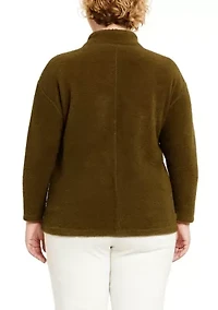 Feather Cozy Rib Cowl Neck Gold Button Sleeve