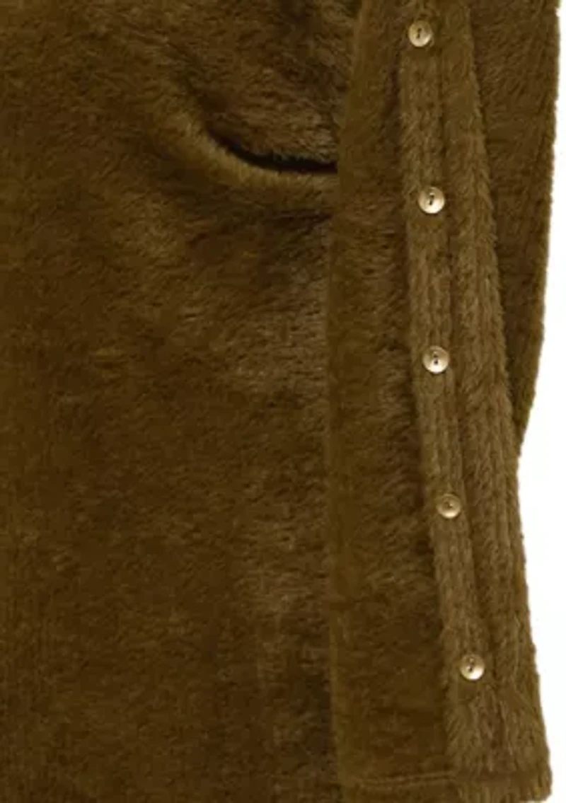 Feather Cozy Rib Cowl Neck Gold Button Sleeve