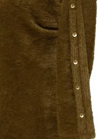 Feather Cozy Rib Cowl Neck Gold Button Sleeve