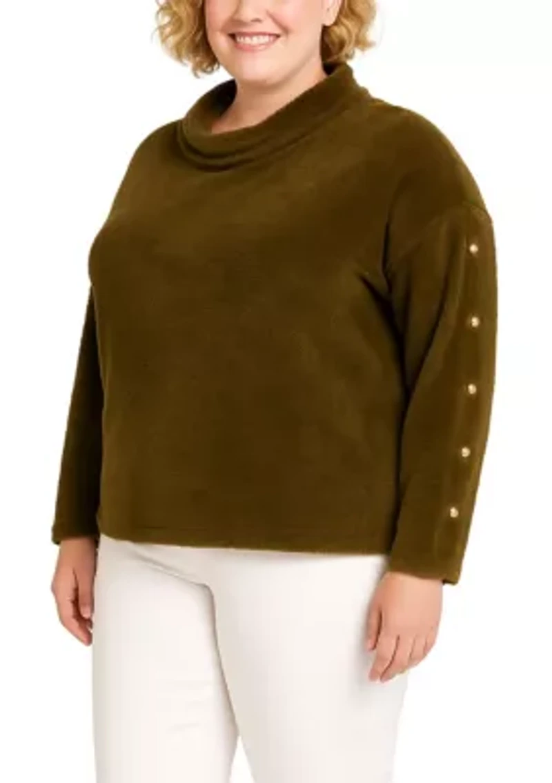 Feather Cozy Rib Cowl Neck Gold Button Sleeve