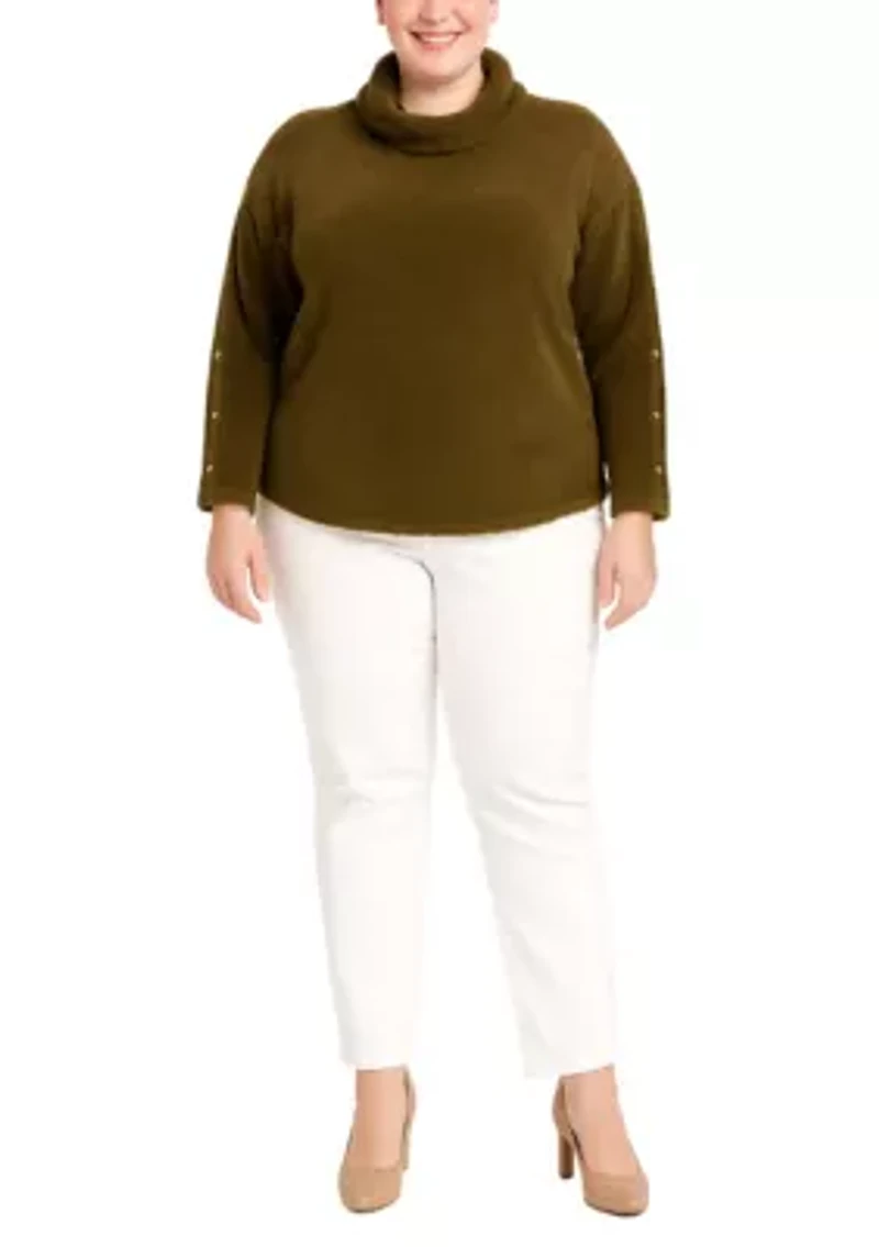 Feather Cozy Rib Cowl Neck Gold Button Sleeve